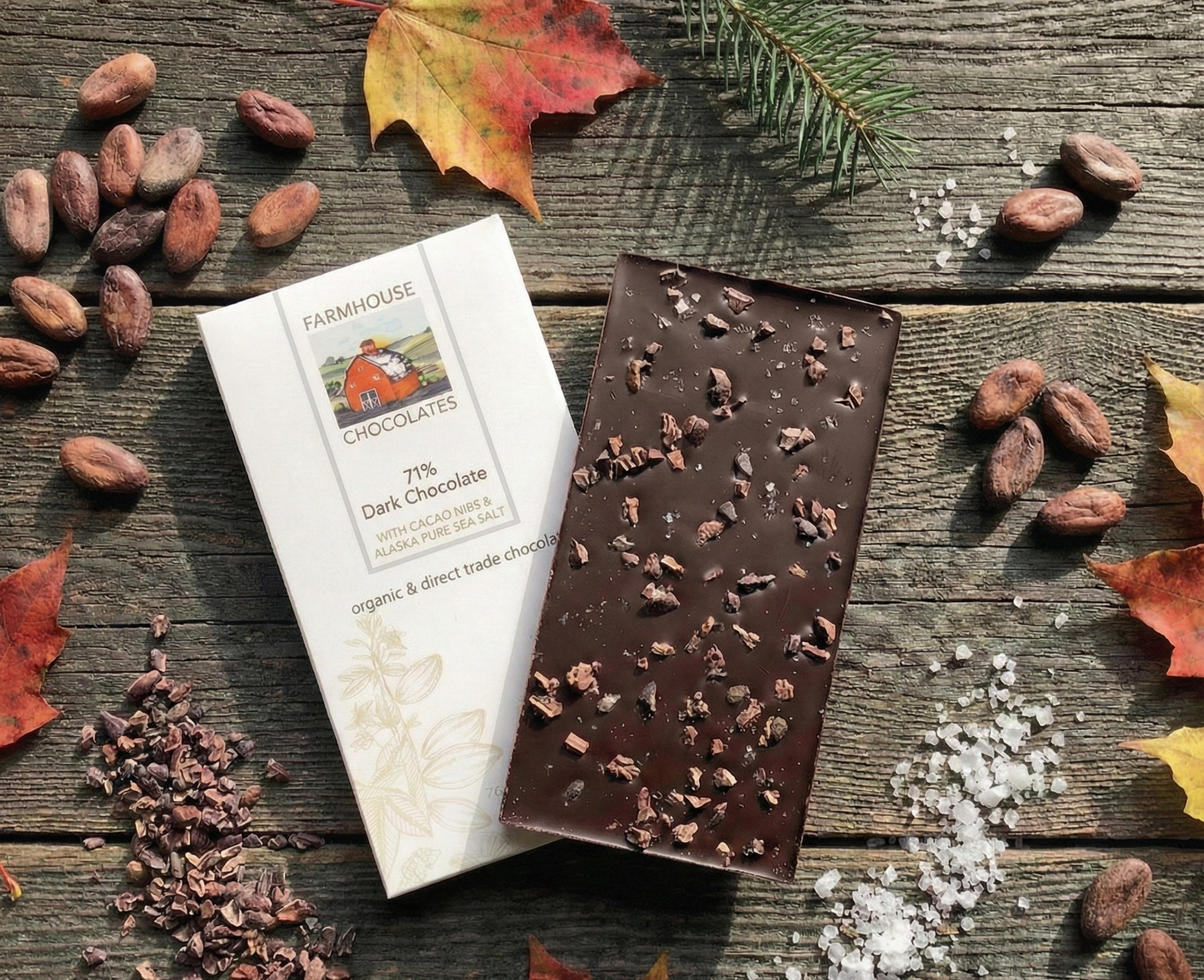 71% Dark Chocolate with Cacao Nibs & Alaska Sea Salt – 2 oz Bar